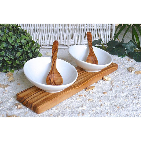 Set Aperitivo e Salse in Porcellana e Legno d'Ulivo (Con 2 Cucchiai)