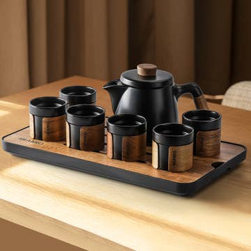 Traditional Japanese Tea Set 6 Pieces 620ml Black with Wooden Tray