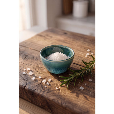 Ciotolina per salse in gres artigianale portoghese blu sfumato Aqua Ø 6,5 cm con sale