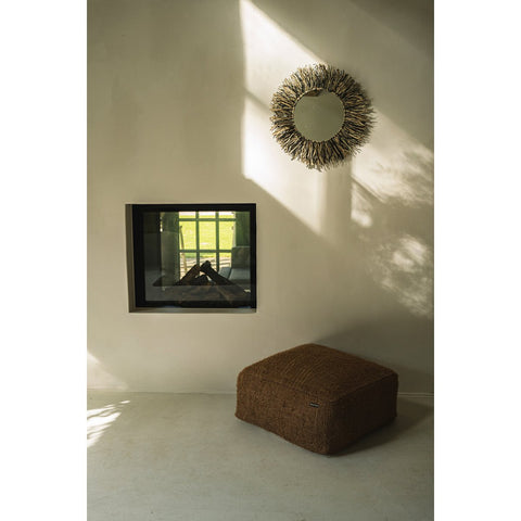 Round Wall Mirror with Raffia Fringes: The Rafia Fringe M (55 cm) - Black and Natural