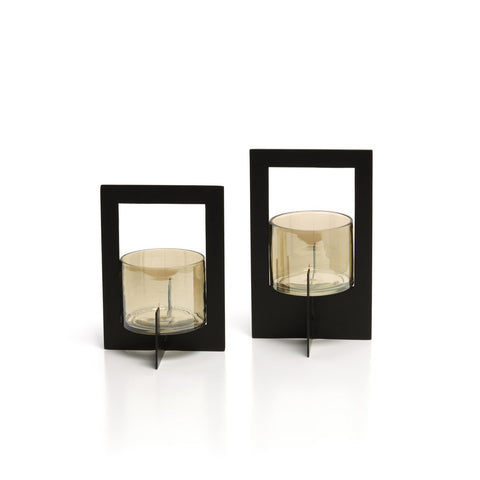 Portacandela e Lanterna in Vetro Riciclato con Cornice The Hurricane – Nero (Medio, H 18 cm)