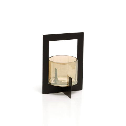 Portacandela e Lanterna in Vetro Riciclato con Cornice The Hurricane – Nero (Medio, H 18 cm)