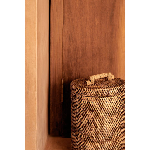Cesto Contenitore Alto in Rattan con Coperchio – Marrone Naturale (H 37 cm)