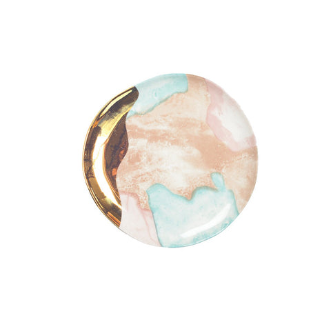 Piatto da pane rotondo in porcellana multicolore con dettagli dorati, rosa e blu collezione Trésor de Mine di Aulica 16x1,5 cm 