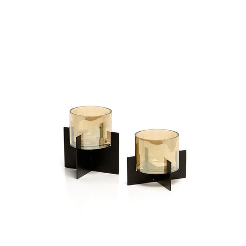 Glass Candle Holder with Brass Base “The Hurricane” – Black – Tall