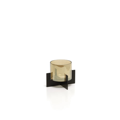 The Hurricane Low Glass Candle Holder with Brass Base – Black - Low