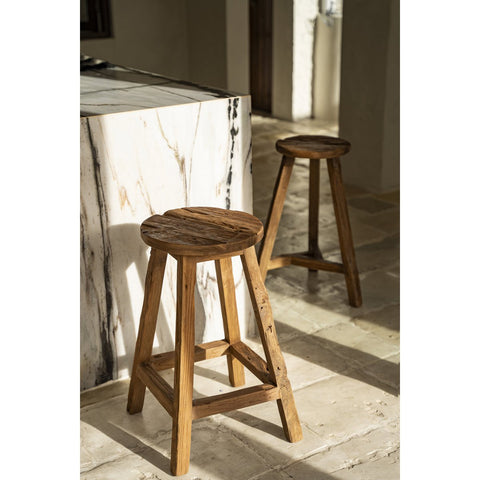 Sgabello da Bar in Teak di Recupero Intagliato a Mano Shibori (39x70 cm)