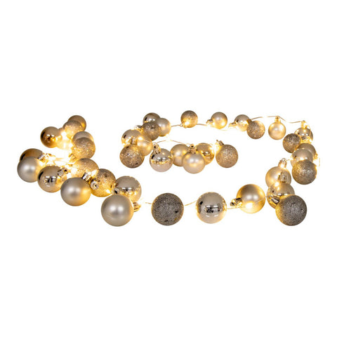 Catena luminosa natalizia da esterno a LED con sfere dorate opache, lucide e glitterate lungo un filo in rame di 240 cm