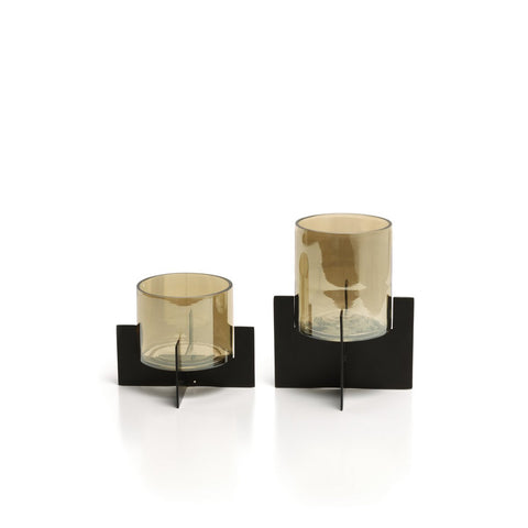 The Hurricane Low Glass Candle Holder with Brass Base – Black - Low
