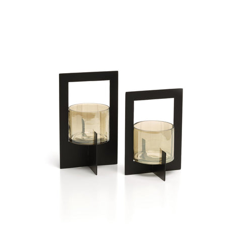 Portacandela e Lanterna in Vetro Riciclato con Cornice The Hurricane – Nero (Medio, H 18 cm)