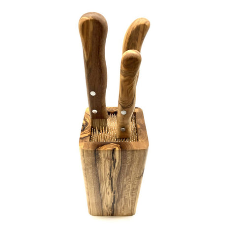 Ceppo per Coltelli DESIGN in Legno d'Ulivo con Inserti Salva-Lama (8x8xH 16 cm)