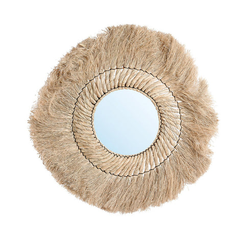 Specchio rotondo da parete in rattan ed erba piumata bionda fatto a mano The Pretty Blonde L 90 cm.