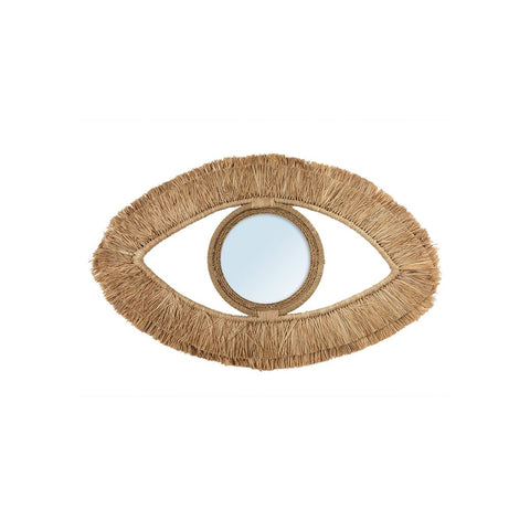 Specchio da parete a forma di occhio in rafia naturale intrecciata Eye M in stile Boho-Chic.