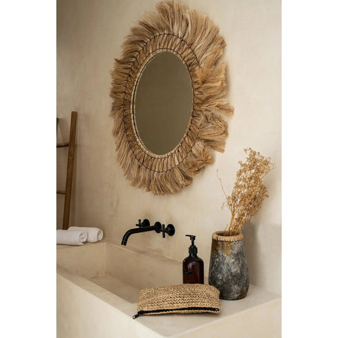 Specchio Rotondo da Parete in Rattan ed Erba Piumata The Pretty Blonde L (90 cm) - Naturale