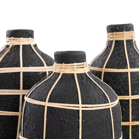 Vaso Scultoreo in Terracotta e Rattan The Whoopy – Nero Naturale (Grande, H 24 cm)