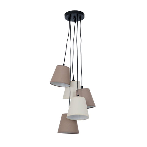 Lampada a sospensione con 5 paralumi sfalsati in tessuto di cotone beige e marrone Boho alta 95 cm sospesa