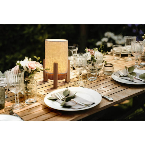 Lampada da Tavolo a LED in Legno e Tessuto "Matilda" (H: 32 cm) – Ricaricabile con Touch Dimmer
