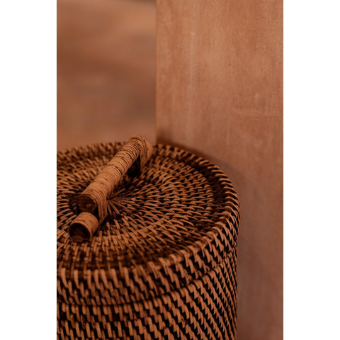 Cesto Contenitore Alto in Rattan con Coperchio – Marrone Naturale (H 37 cm)