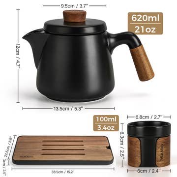 Traditional Japanese Tea Set 6 Pieces 620ml Black with Wooden Tray